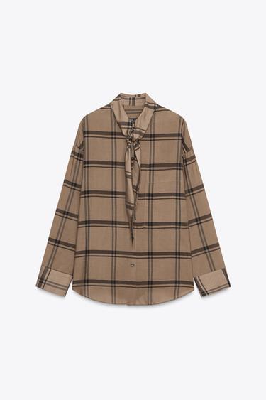 CHECK SHIRT WITH SCARF COLLAR ZW COLLECTION - Mid-camel by Zara