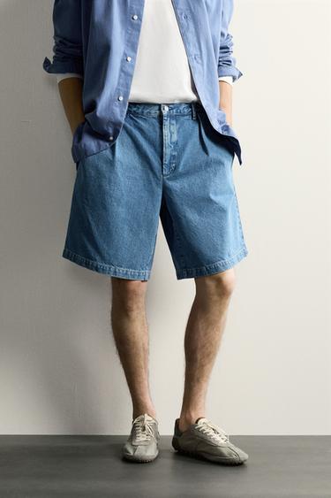 RELAXED FIT DENIM CHINO BERMUDA SHORTS WITH PLEATS - Blue by Zara