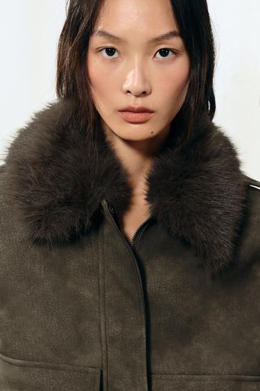 REMOVABLE COLLAR FAUX SUEDE JACKET - Khaki by Zara