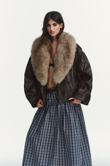 FAUX LEATHER JACKET WITH DETACHABLE COLLAR - Dark brown by Zara