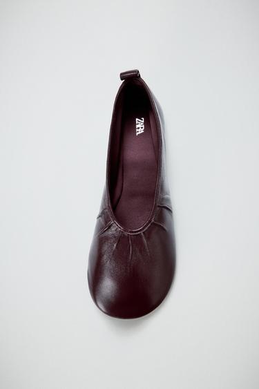 SOFT LEATHER BALLET FLATS - Burgundy Red by Zara