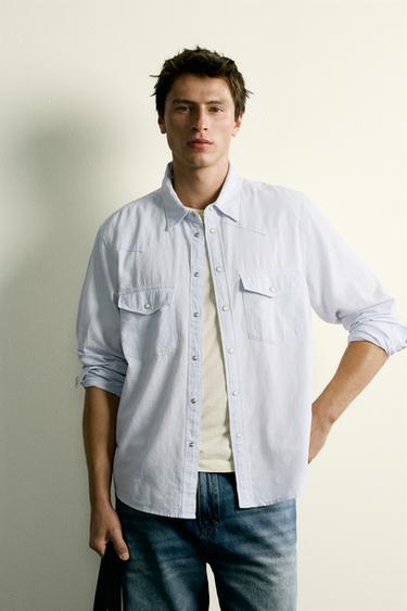 COTTON/LINEN WESTERN REGULAR FIT SHIRT - Sky blue by Zara