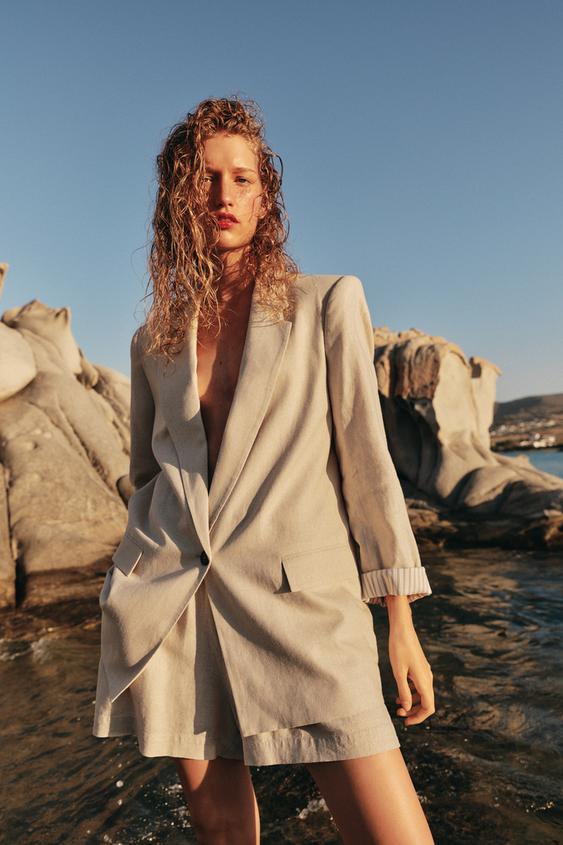 BLAZER WITH LINEN ROLLED-UP SLEEVES - Light beige by Zara - Image 0