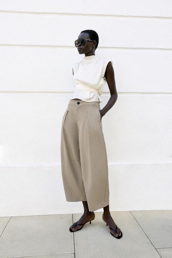POPLIN BARREL TROUSERS - Stone by Zara - Image 0