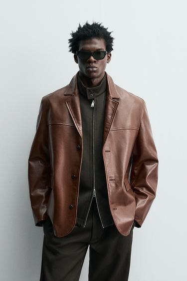 RELAXED FIT LEATHER BLAZER - Brown by Zara