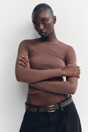 COTTON MODAL LONG SLEEVE T-SHIRT - Brown / Taupe by Zara - Image 0
