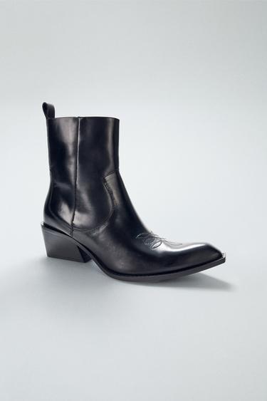 LEATHER COWBOY ANKLE BOOTS WITH TOPSTITCHING - Black by Zara