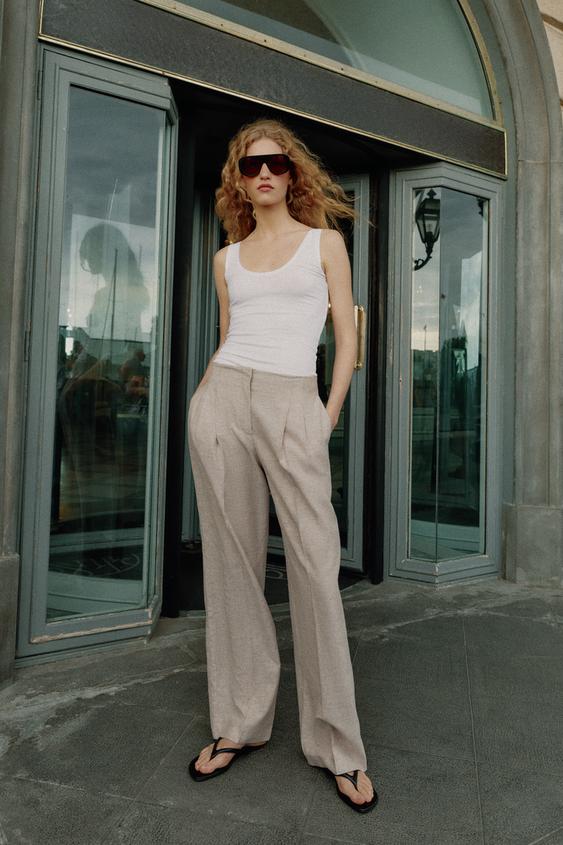STRAIGHT-LEG LINEN BLEND DARTER TROUSERS - Sand / Marl by Zara - Image 0
