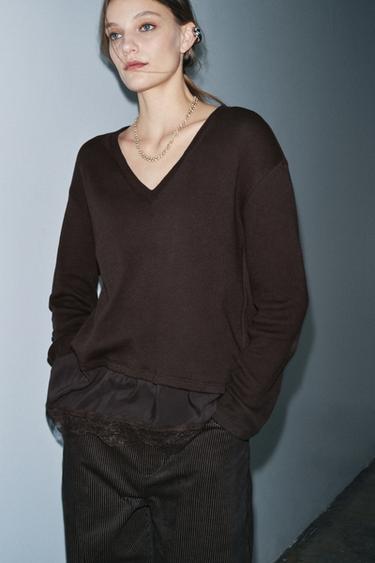 LACE COMBINED T-SHIRT - Brown by Zara