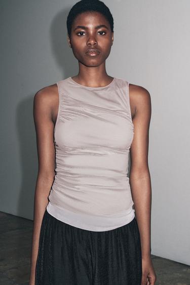 LAYERED TULLE T-SHIRT - Brown / Taupe by Zara