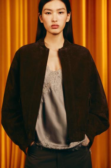 100% SUEDE LEATHER BOMBER JACKET - Chocolate brown by Zara