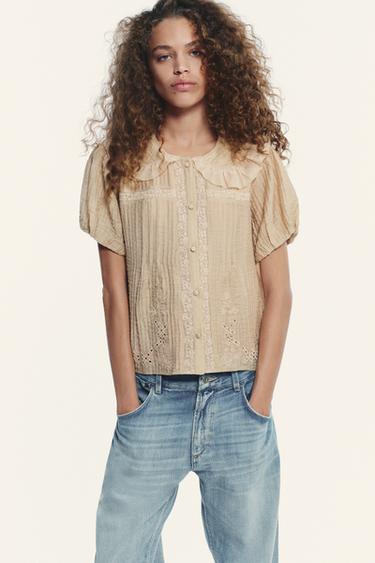 EMBROIDERED PETER PAN COLLAR SHIRT - Beige by Zara - Image 0