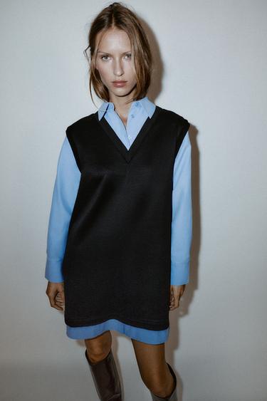 POPLIN COMBINED MINI DRESS - blue/black by Zara