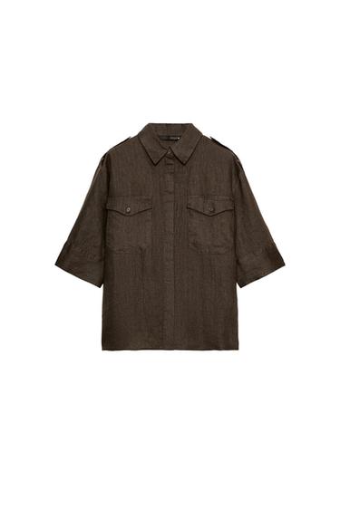 ZW COLLECTION LINEN SHIRT WITH POCKETS - Mink by Zara