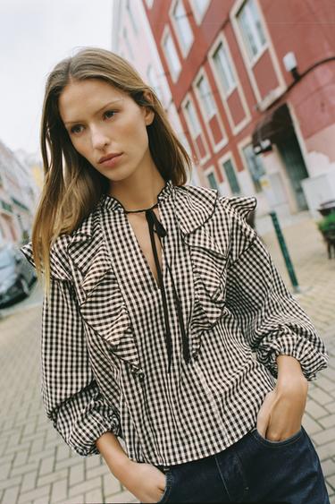 RUFFLED GINGHAM BLOUSE - Brown / Ecru by Zara