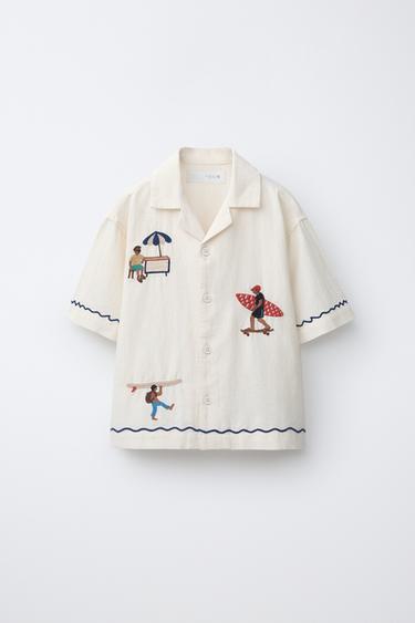 EMBROIDERED LINEN BLEND BOWLING SHIRT - Ecru by Zara