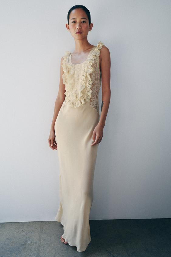LONG DRAPED LACE DRESS - Ecru by Zara - Image 0