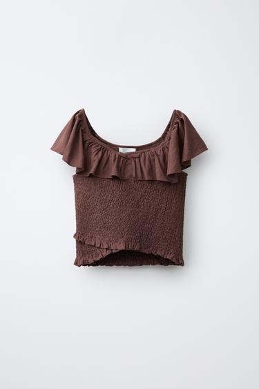 LINEN BLEND SMOCKED TOP - Brown by Zara