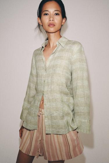 CHECKED LINEN SHIRT ZW COLLECTION - Green by Zara
