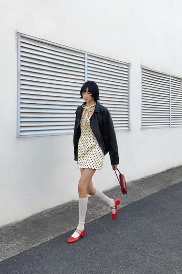 POLKA DOT SHORT DRESS WITH TIE DETAIL - Ecru / Black by Zara