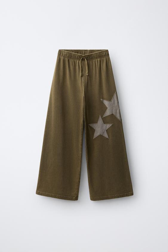 WASHED-EFFECT STAR WIDE-LEG TROUSERS - Khaki by Zara - Image 0