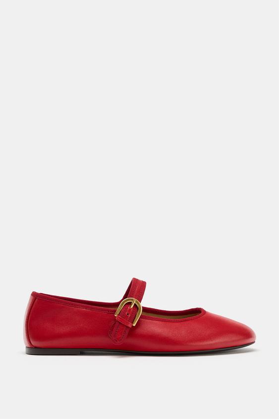 LEATHER BALLERINA FLATS - Red by Zara - Image 0