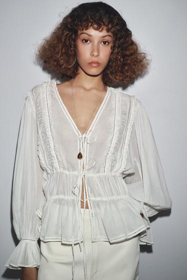 ZW COLLECTION ROMANTIC LADDER STITCH SHIRT - Oyster-white by Zara