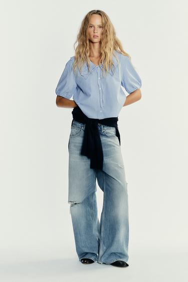 STRIPED EMBROIDERED PETER PAN COLLAR SHIRT - Blue/White by Zara