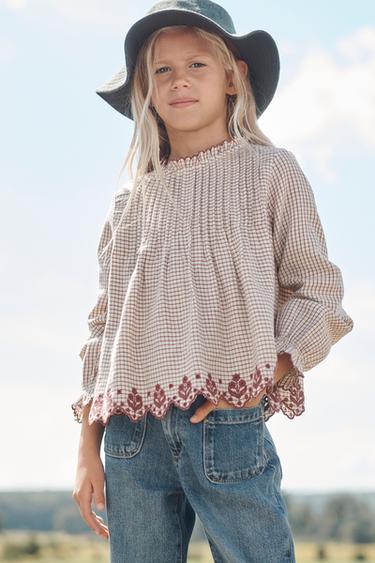 GINGHAM BLOUSE WITH EMBROIDERY - LIMITED EDITION - bordeaux/ecru by Zara