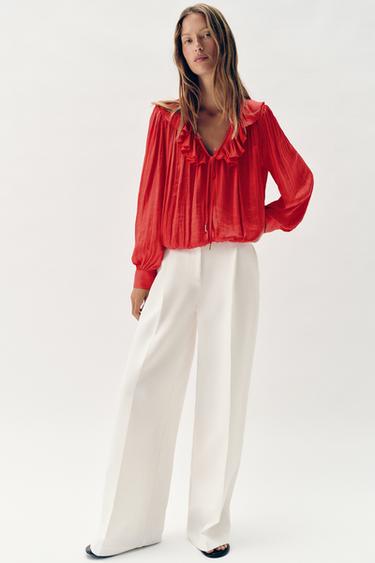 SATIN BLOUSE WITH RUFFLES AND SHOULDER PADS - Strawberry by Zara