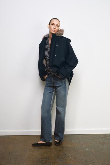 ZW COLLECTION FAUX FUR COLLAR TRENCH COAT - Navy blue by Zara