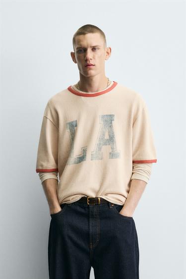 WASHED PRINT KNIT T-SHIRT - Dark beige by Zara