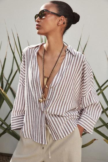 LINEN BLEND WIDE SLEEVE SHIRT - brown/white by Zara