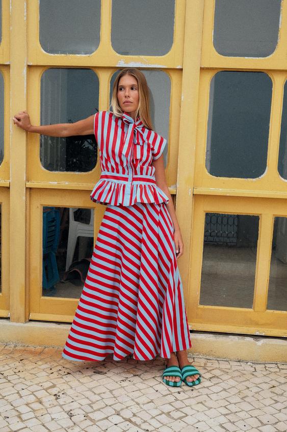 STRIPED A-LINE MIDI SKIRT - Red Stripe by Zara - Image 0