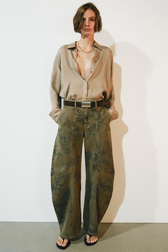 ZW COLLECTION LOW-RISE BARREL JEANS WITH FLORAL PRINT - Light beige by Zara - Image 0