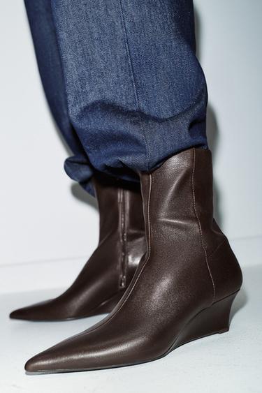 LEATHER WEDGE HEEL ANKLE BOOTS - Chocolate Brown by Zara