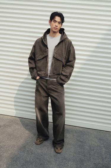 RELAXED FIT DENIM JACKET WITH HOODIE - Brown by Zara