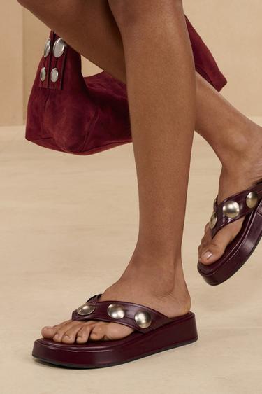 THONG LEATHER STUDDED SANDALS 14 - Burgundy Red by Zara - Image 0