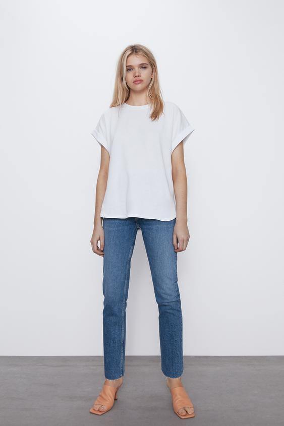 White Collection T Shirt With Turn Up Sleeves Trf Zara Mainland