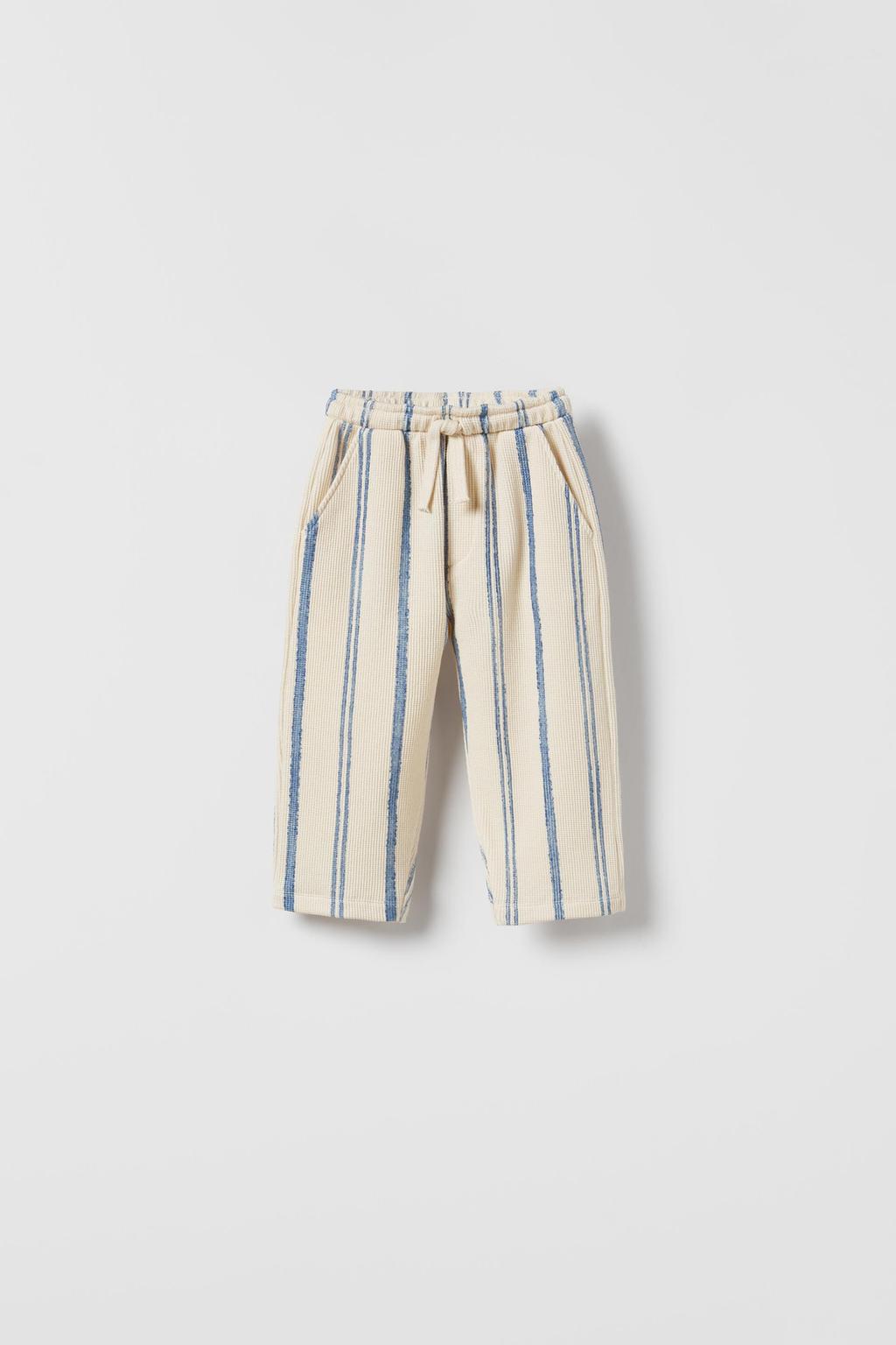 striped waffle-knit trousers - mid-blue | zara