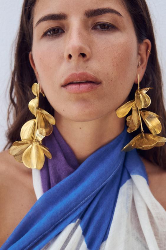 花朵形吊饰金属耳坠 金黄色 ZARA